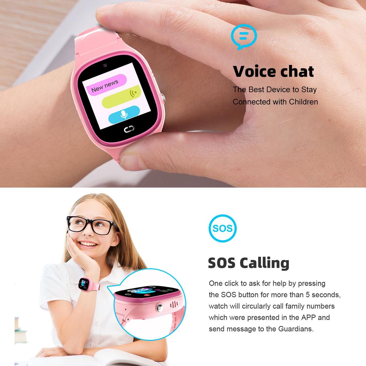 TD-45 2G Kids Smart Phone Watch Children Smartwatch SOS Call Voice Chat IP67 Waterproof with Nano SIM Card Slot LBS Location Camera Clock Silicone Strap Girls Boys Toys Gifts