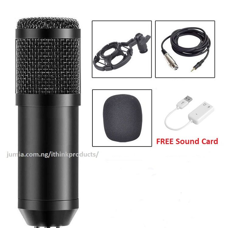 BM 800 Condenser Microphone Audio Mic Studio Sound Recording Microphone - Black + Free Gift Sound Card
