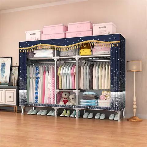 Double Size Iron Steel Foldable Fabric Wardrobe