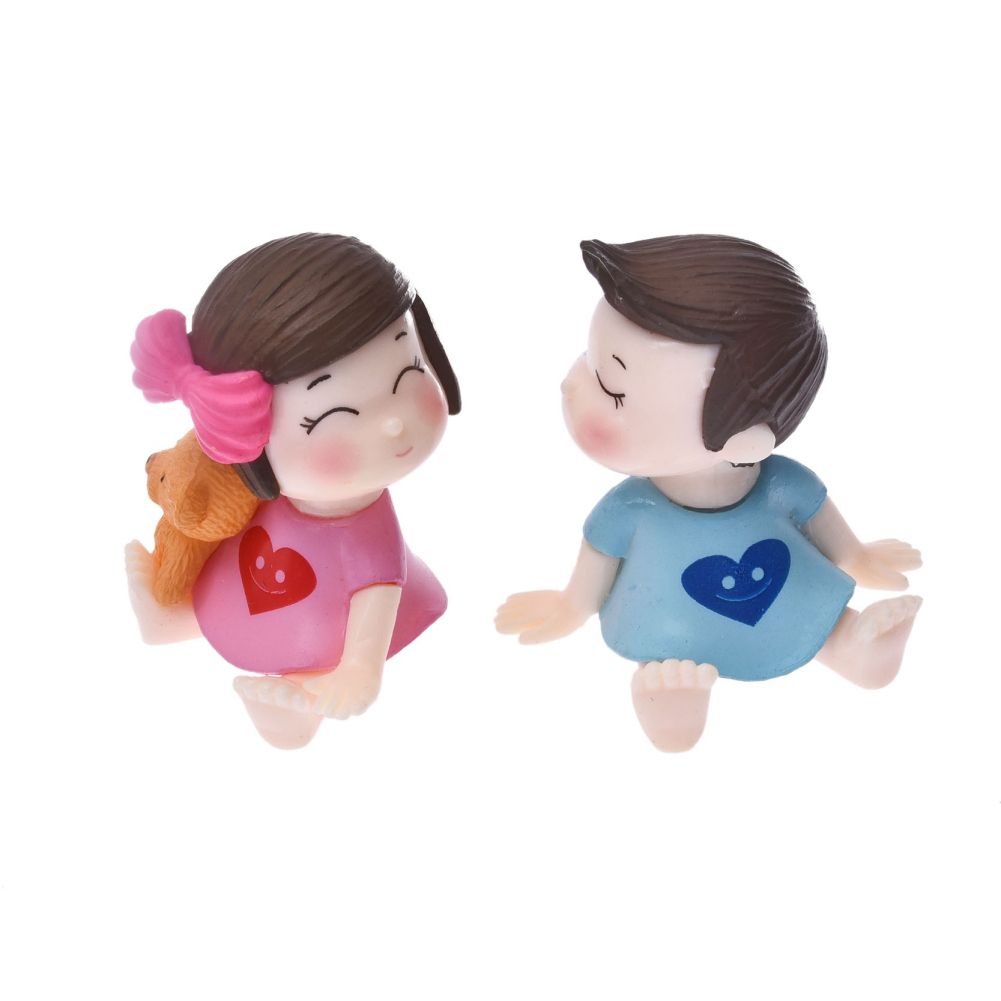 2Pcs Cute Bow Girl Boy Lovers Mini Dollhouse-Blue + Pink