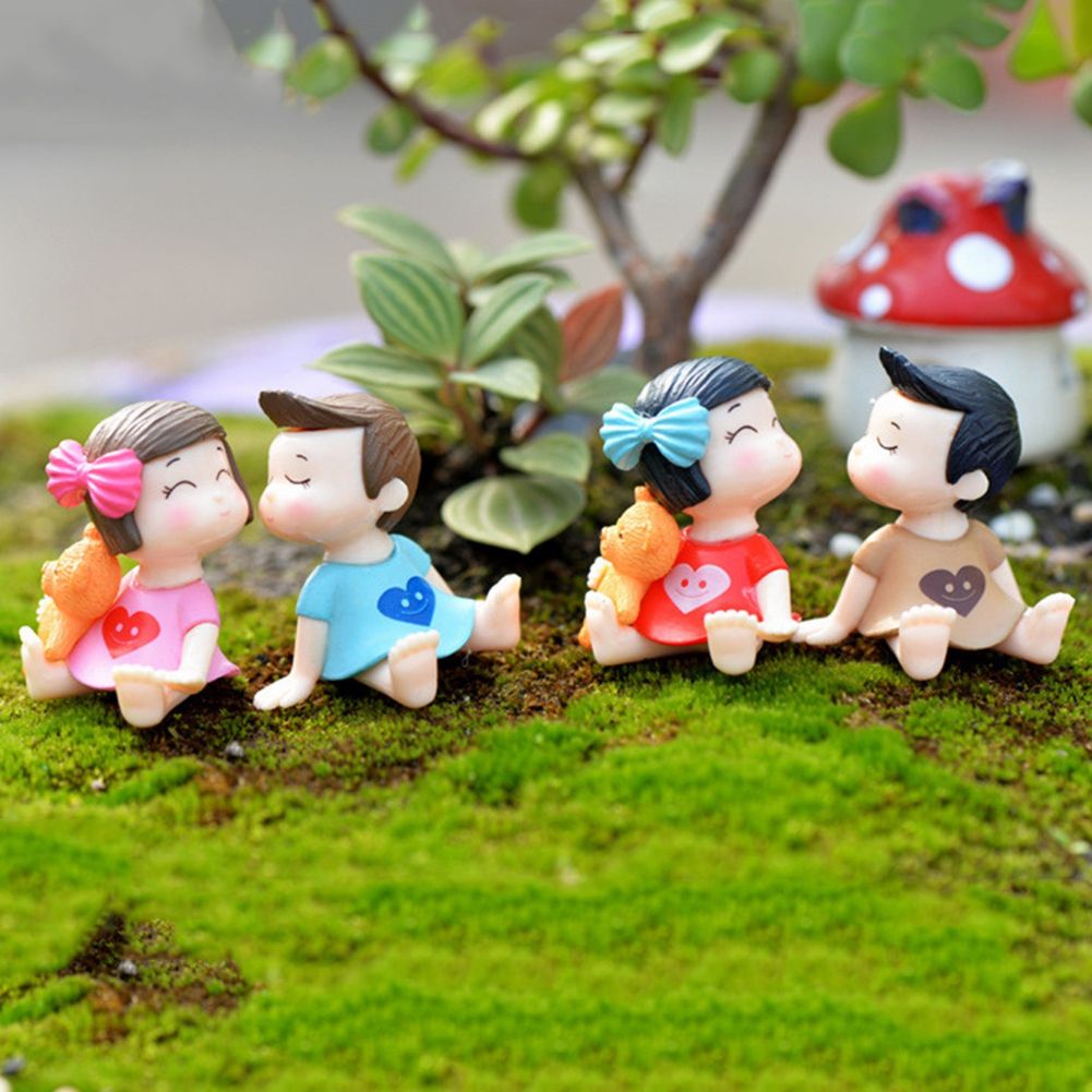 2Pcs Cute Bow Girl Boy Lovers Mini Dollhouse-Blue + Pink