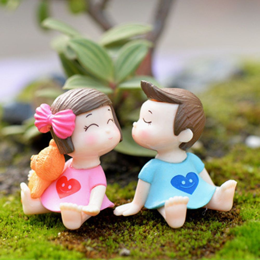 2Pcs Cute Bow Girl Boy Lovers Mini Dollhouse-Blue + Pink