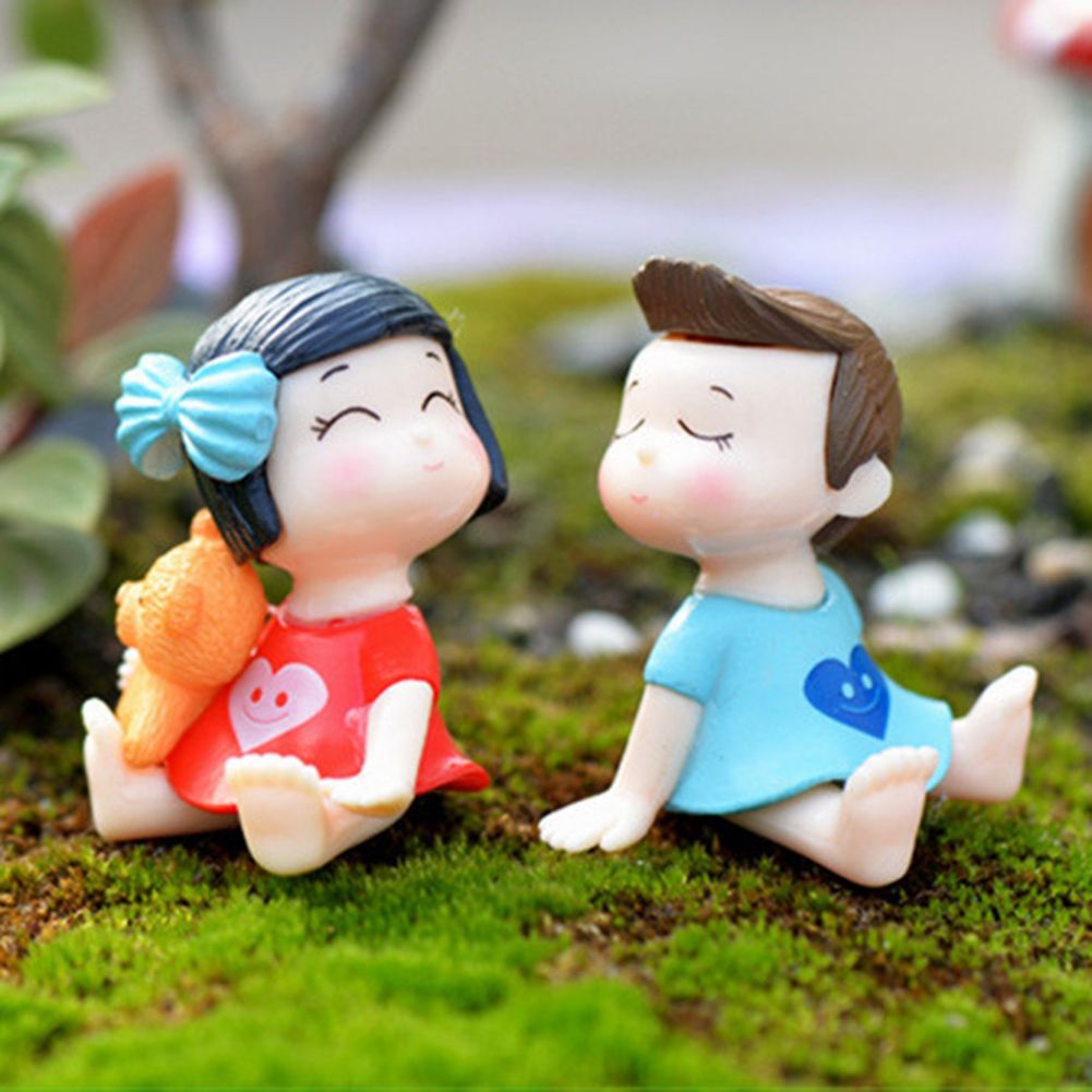 2Pcs Cute Bow Girl Boy Lovers Mini Dollhouse-Blue + Pink