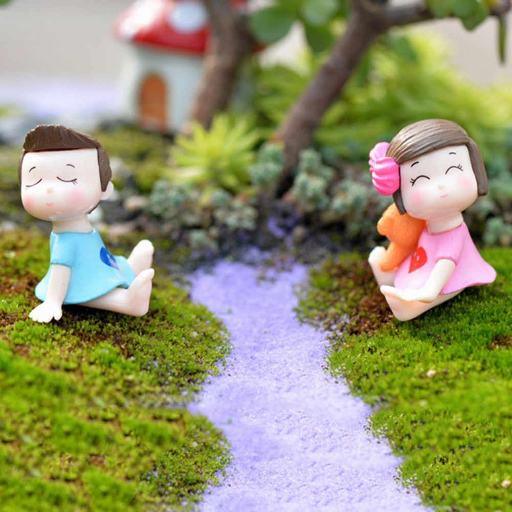 2Pcs Cute Bow Girl Boy Lovers Mini Dollhouse-Blue + Pink