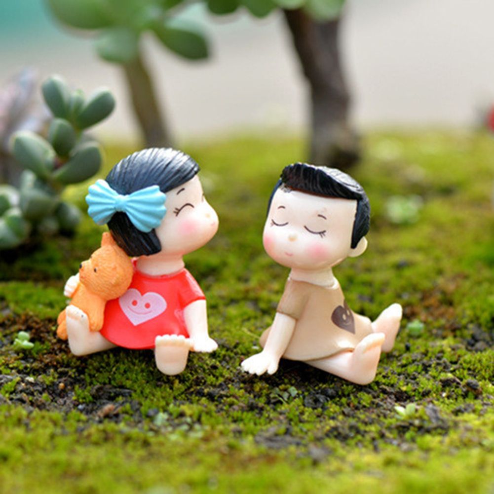 2Pcs Cute Bow Girl Boy Lovers Mini Dollhouse-Blue + Pink