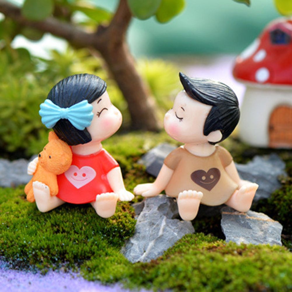2Pcs Cute Bow Girl Boy Lovers Mini Dollhouse-Blue + Pink
