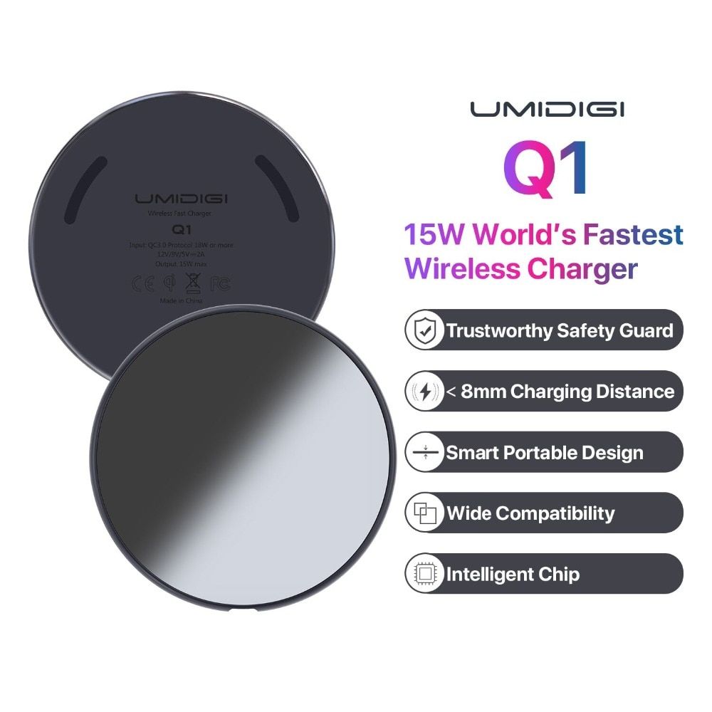 UMIDIGI Q1 15W Wireless Charger For IPhone X/XS Max XR 8 8 Plus Samsung S8 S9/S9+ Note 9 8 Phone Wireless Fast Charging Pad(Black QC 3.0 Protocol)
