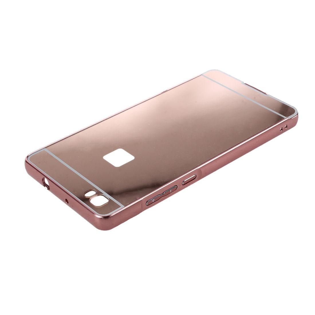 For Huawei P8 Lite Mirror Design Case Luxury Aluminum Phone Bumper Frame +Mirror Reflective Effect Hard Back Shell Protective Cover -Rose Gold
