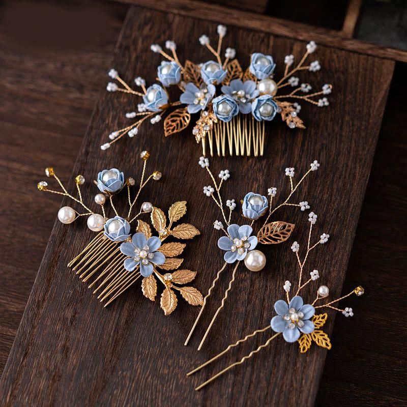 Bridal Headdress Senmei Fairy Light Blue Pink White Flower Hair Comb Hairpin Korean Wedding Wedding Dress Accessories blue