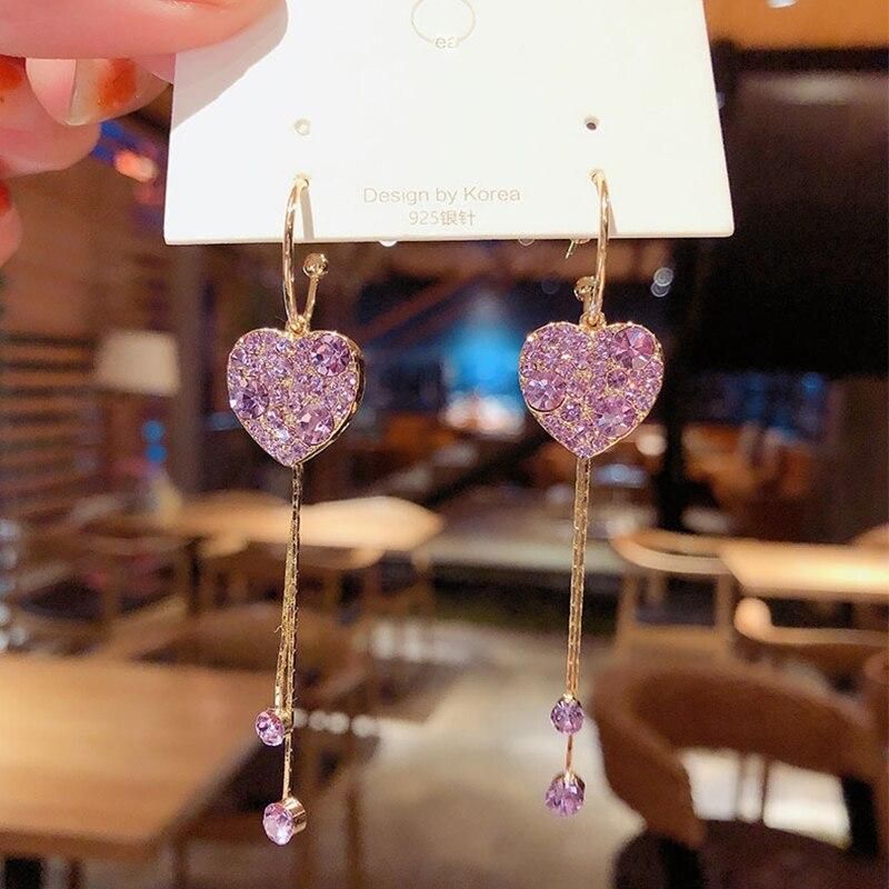 Korean Style Heart Drop Earrings For Women Long Tassel Geometric Rhinestone Flower Dangle Earring Girl Party Jewelry Gift