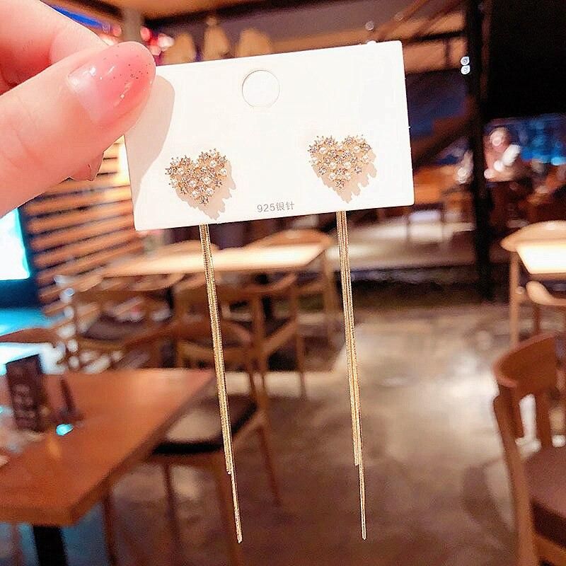 Korean Style Heart Drop Earrings For Women Long Tassel Geometric Rhinestone Flower Dangle Earring Girl Party Jewelry Gift