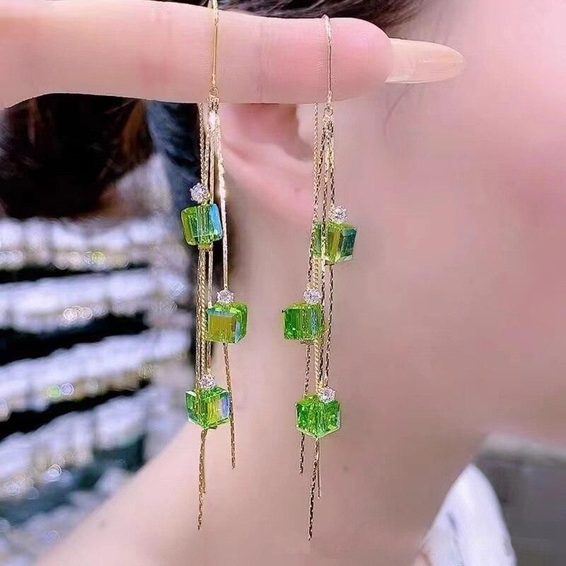 Korean Style Heart Drop Earrings For Women Long Tassel Geometric Rhinestone Flower Dangle Earring Girl Party Jewelry Gift