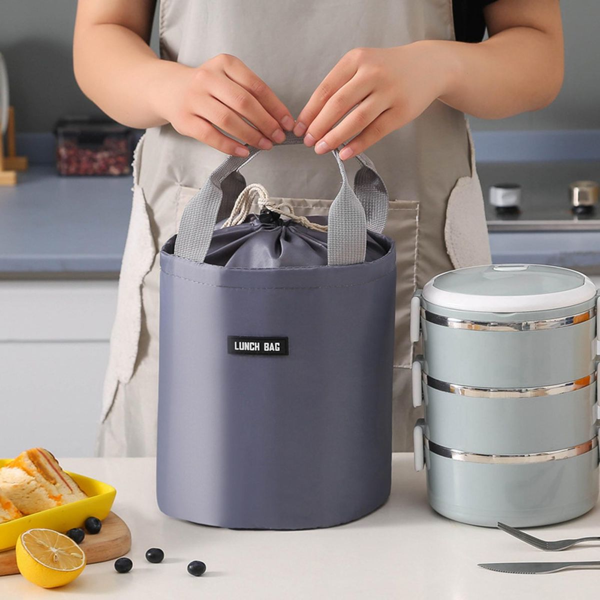 Lunch Bag Round Thermal Jar Container Grey