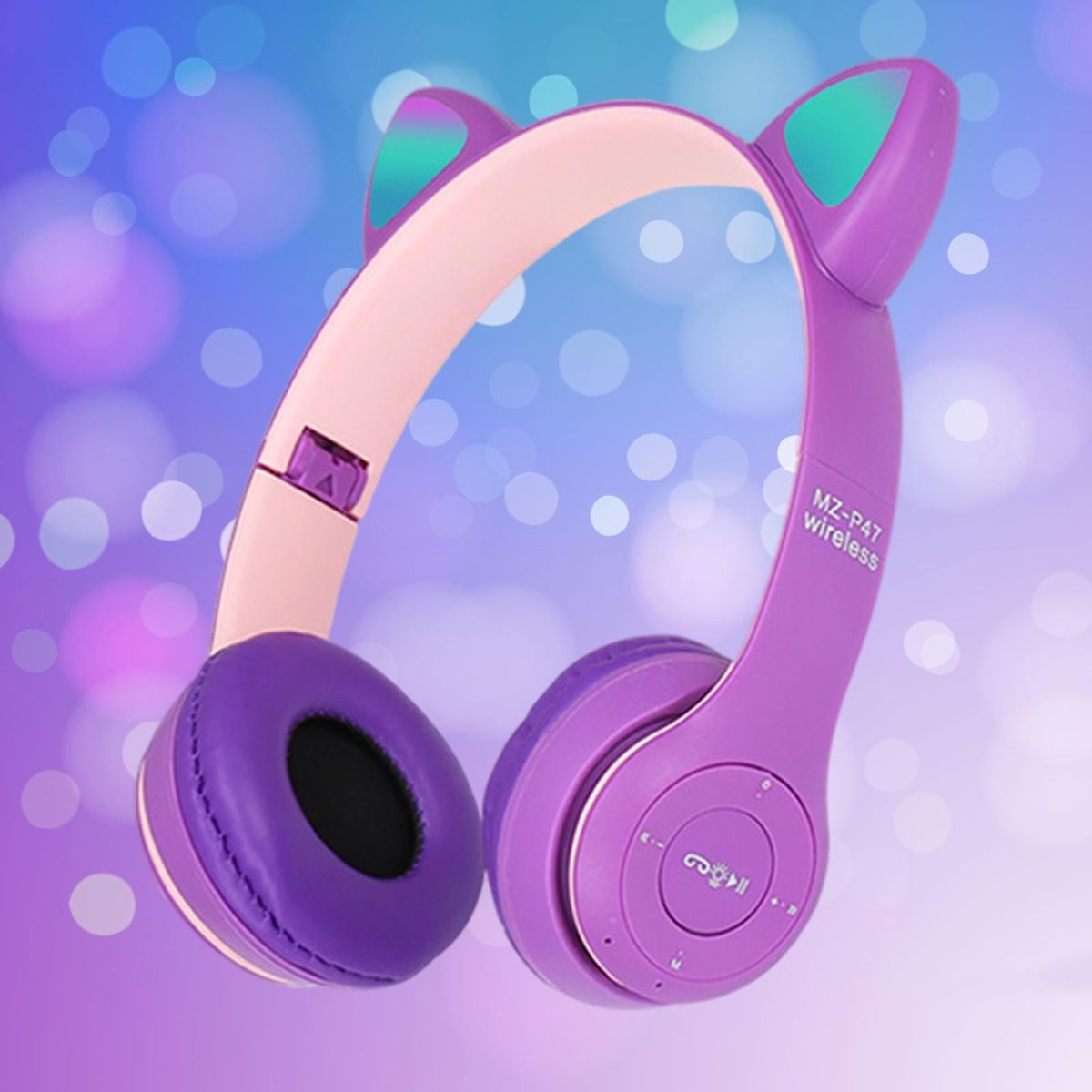 Cat Ears Wireless Headset Stereo RGB Light For Video Cell Purple