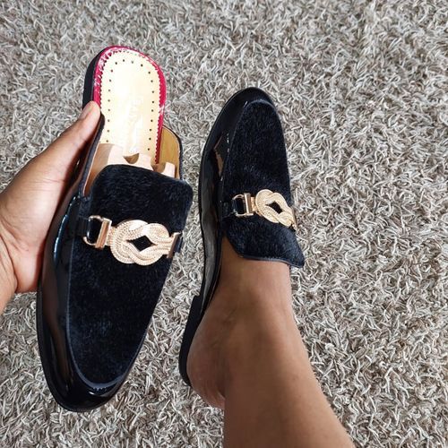 2023 Half Shoe For Men With Suede And Gold Design Top- Black