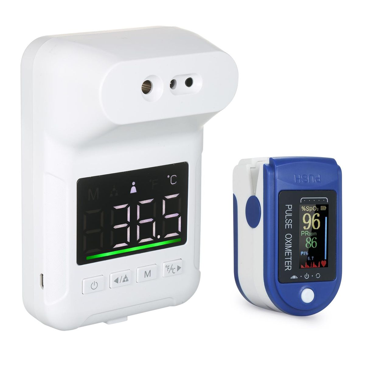 Non-Contact Digital Thermometer Voice Reading Thermometer Wall-Mounted Infrared Forehead Thermometer + Portable Fingertip Clip Pulse Oximeter TFT Display Screen Mini SpO2 Monitor Pulse Rate Measuring Oxygen Saturation Monitor