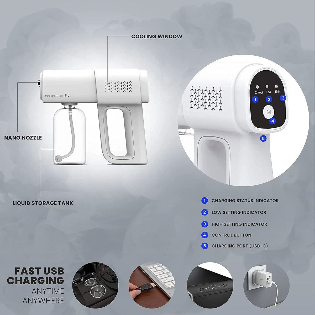 380ML Electric Nano Blue Light Steam Spray Wireless Foing Disinfection Sprayer Gun Type-C Atomization Sanitizer Machine K5 White