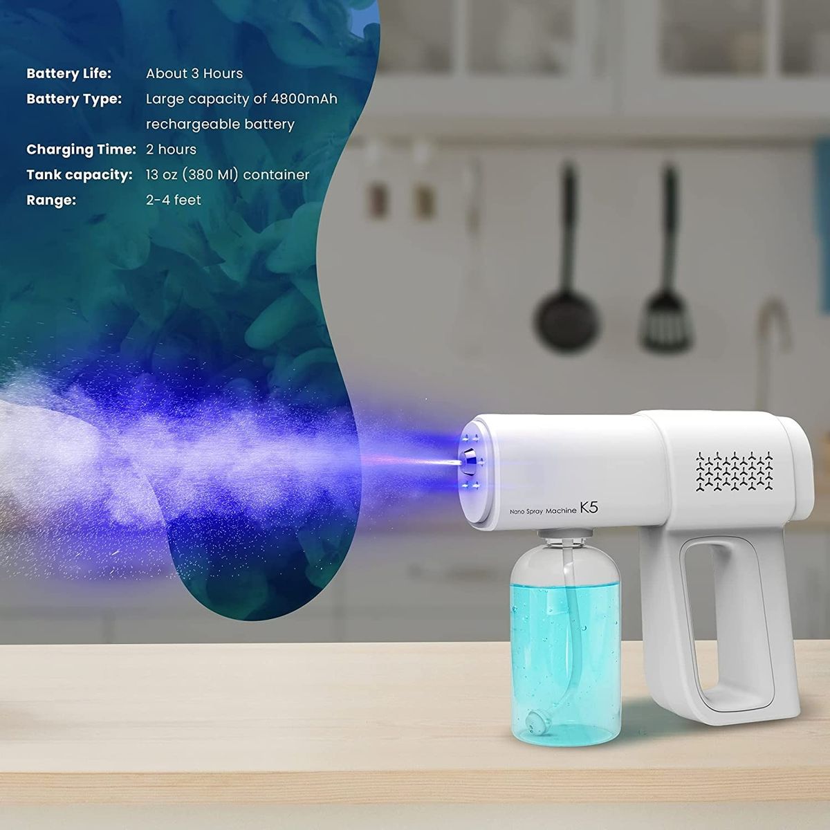 380ML Electric Nano Blue Light Steam Spray Wireless Foing Disinfection Sprayer Gun Type-C Atomization Sanitizer Machine K5 White