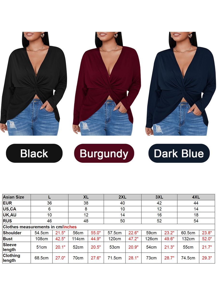 Women Long Sleeve T-shirt V Neck Twisted Irregular Plus Size