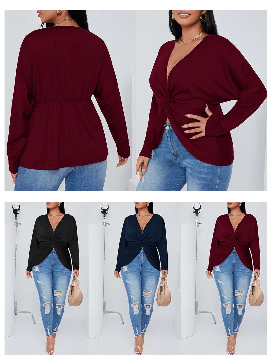 Women Long Sleeve T-shirt V Neck Twisted Irregular Plus Size