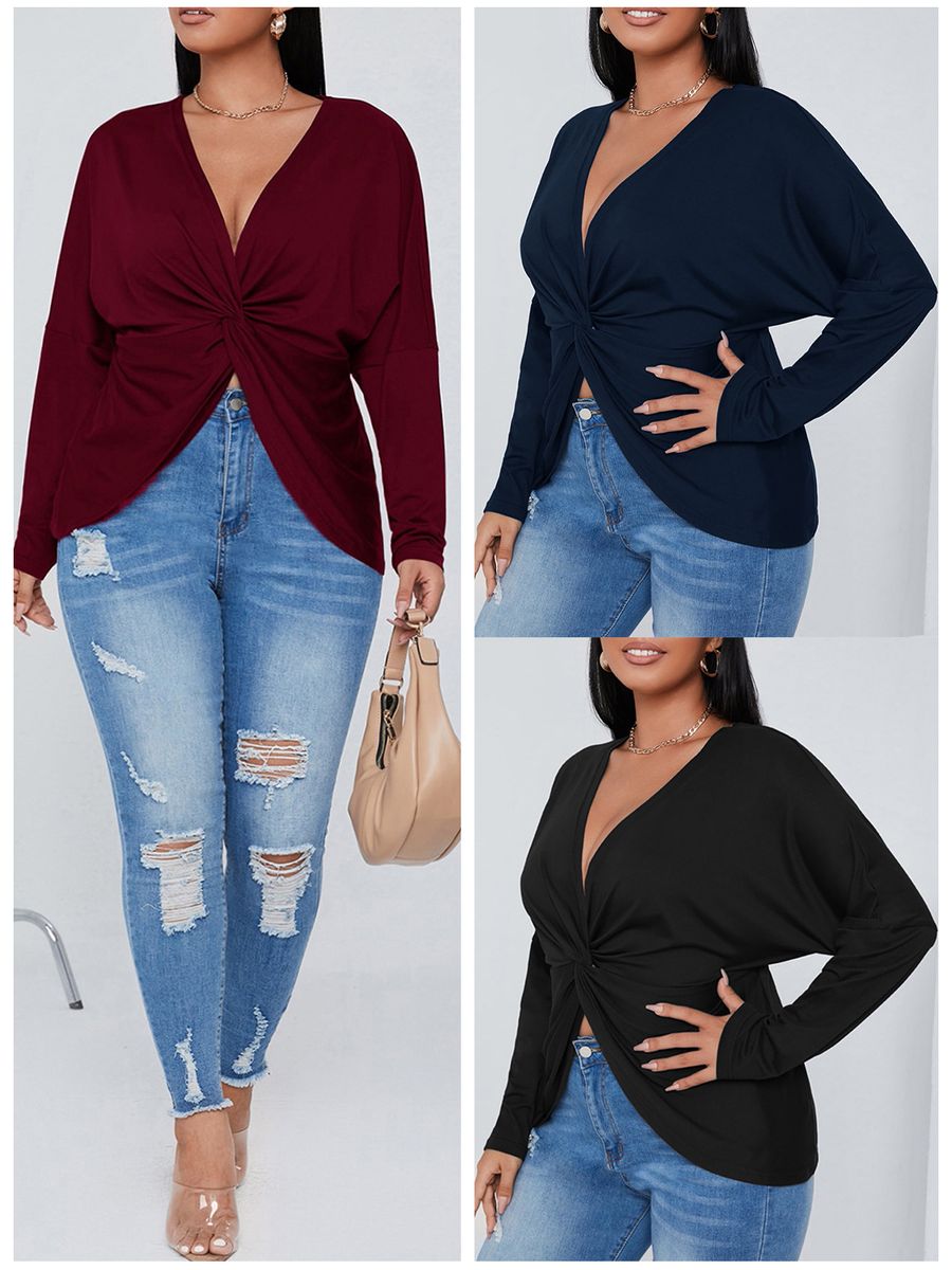 Women Long Sleeve T-shirt V Neck Twisted Irregular Plus Size