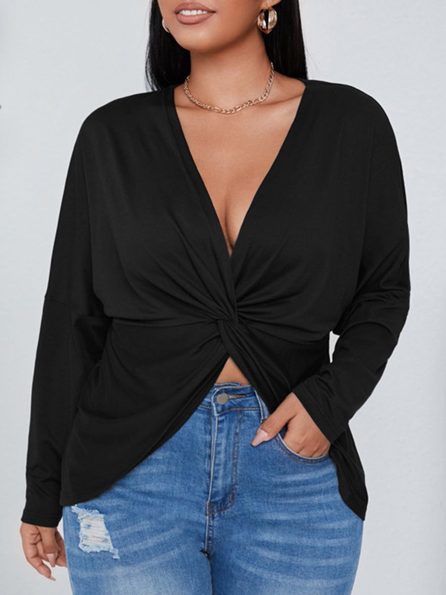 Women Long Sleeve T-shirt V Neck Twisted Irregular Plus Size