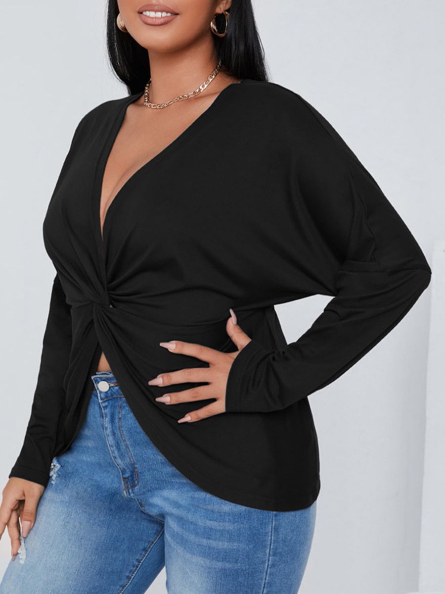 Women Long Sleeve T-shirt V Neck Twisted Irregular Plus Size