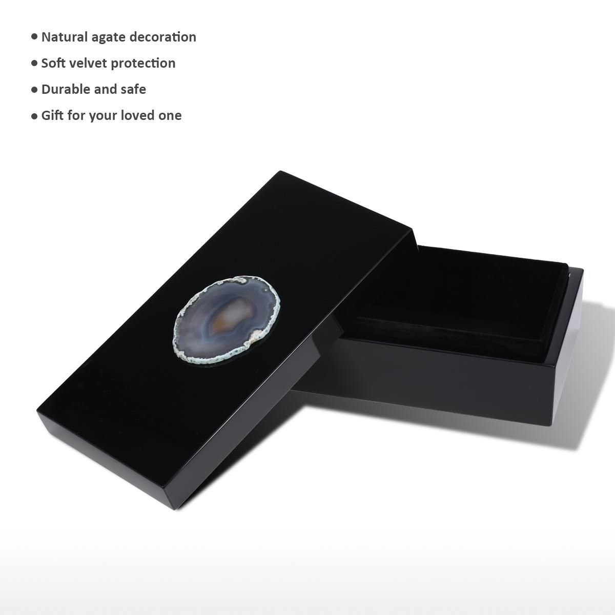 Rectangular Jewelry Box (Agate in Primitive Color) Wooden Ring Necklace Storage Box Birthday Gifts for Women Black Velvet