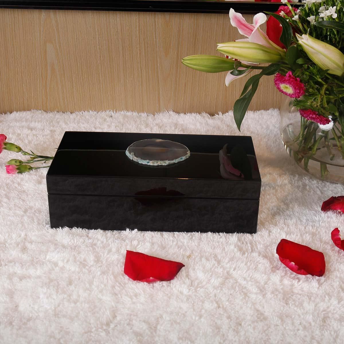 Rectangular Jewelry Box (Agate in Primitive Color) Wooden Ring Necklace Storage Box Birthday Gifts for Women Black Velvet