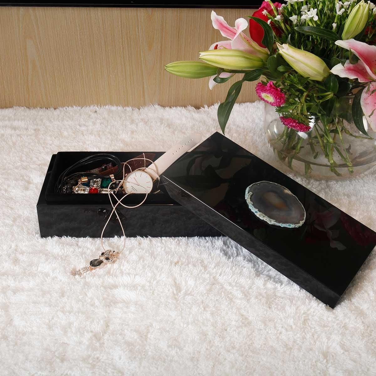 Rectangular Jewelry Box (Agate in Primitive Color) Wooden Ring Necklace Storage Box Birthday Gifts for Women Black Velvet