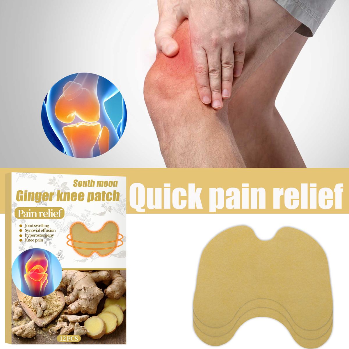 SOUTH MOON 12Pcs/Box Ginger Knee Patches Pain Relief Joint