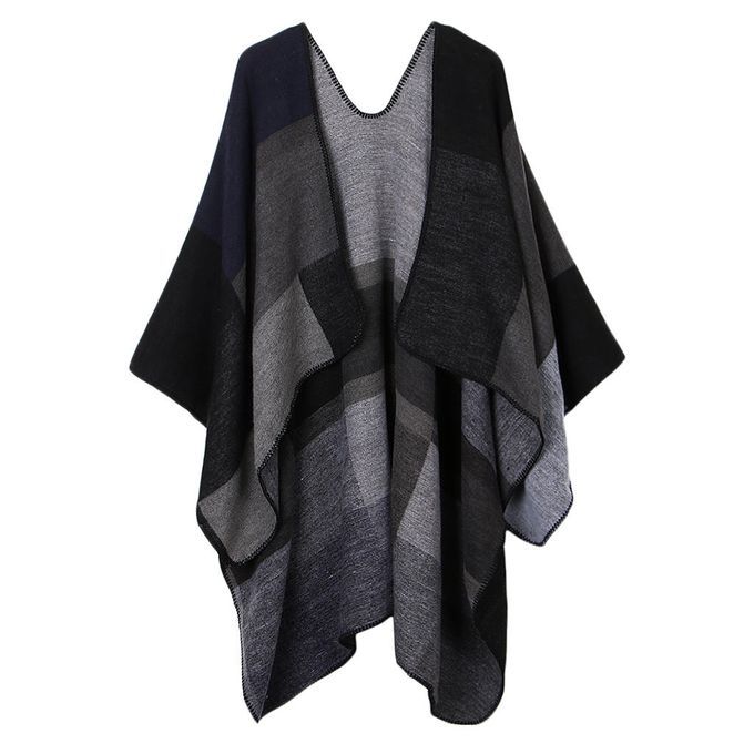 Women's Plaid Color Block Shawl Wrap - ,  Black