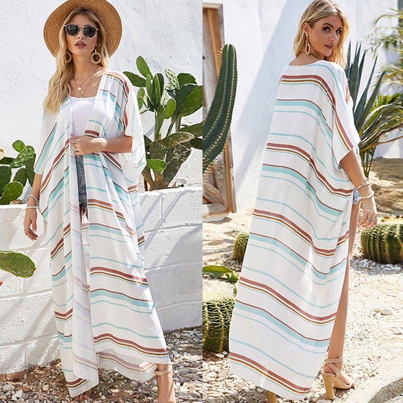 Fashion Women Striped Cardigan Half Flare Sleeve Long Loose