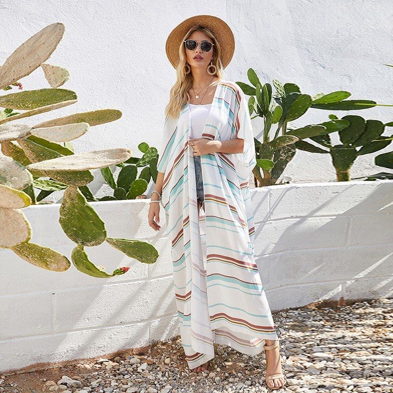 Fashion Women Striped Cardigan Half Flare Sleeve Long Loose