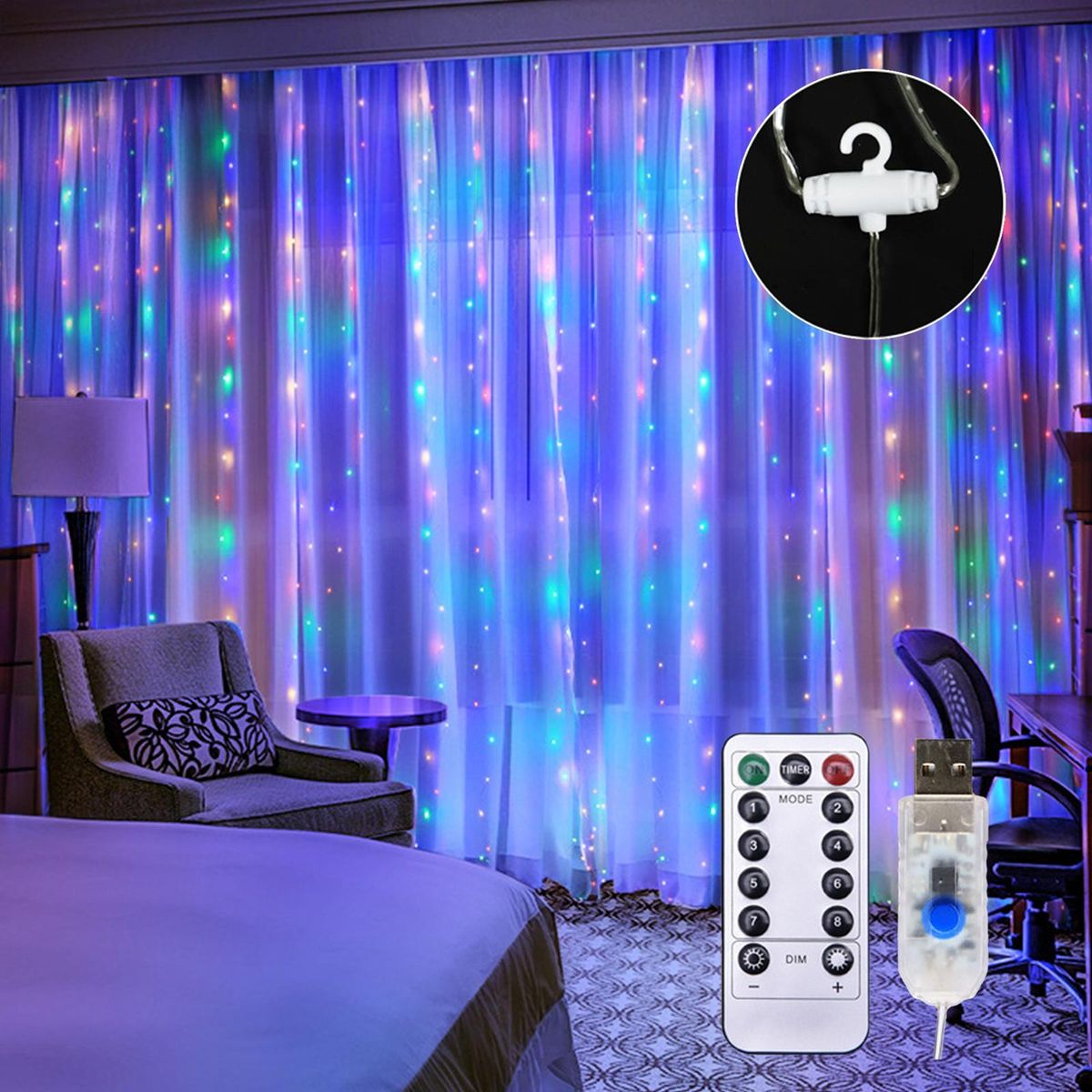 20 X 10FT Curtain String Lights USB 600LEDs Curtain Fairy Lights Christmas Decorative Hanging Lights Copper Wire Waterfall Lights with 8 Lights Modes Remote Control for Wedding Party Home Bedroom