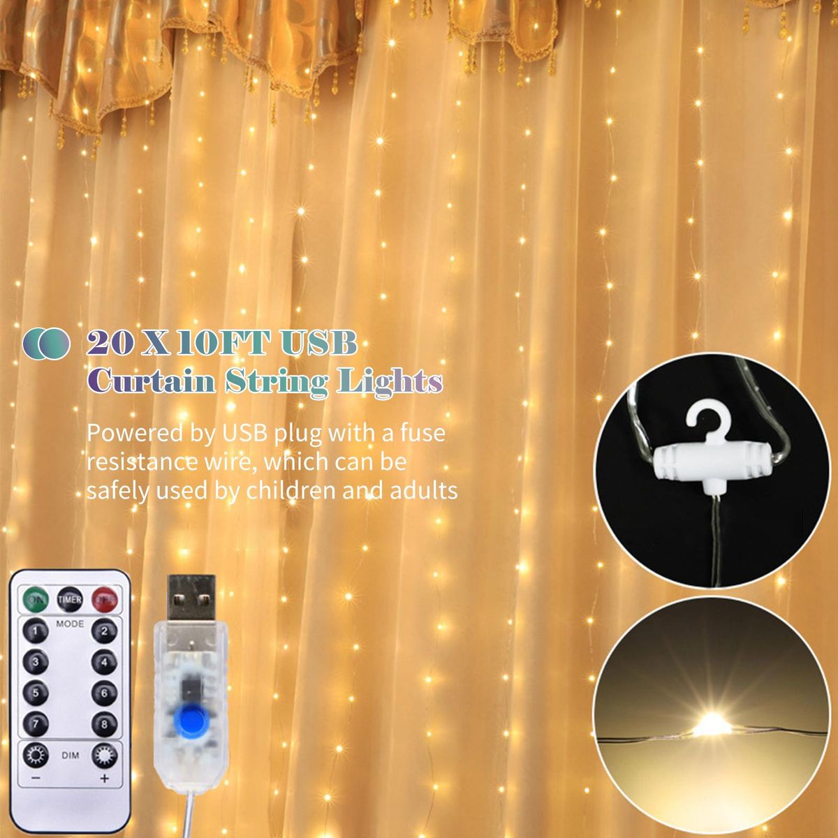 20 X 10FT Curtain String Lights USB 600LEDs Curtain Fairy Lights Christmas Decorative Hanging Lights Copper Wire Waterfall Lights with 8 Lights Modes Remote Control for Wedding Party Home Bedroom