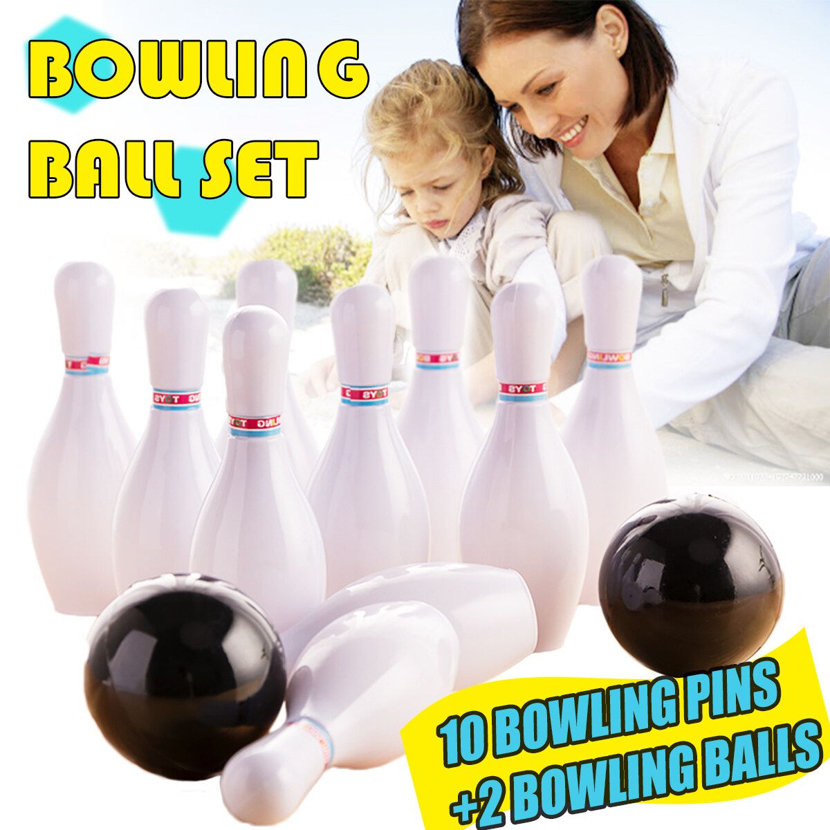 Kids Bowling Play Set 10 Bowling Pins + 2 Bowling Balls Interactive Toy Indoor