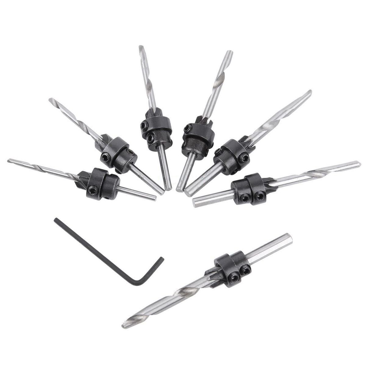 7Pcs Tapered Countersink Drill Bits + Wrench Set Hole Depth