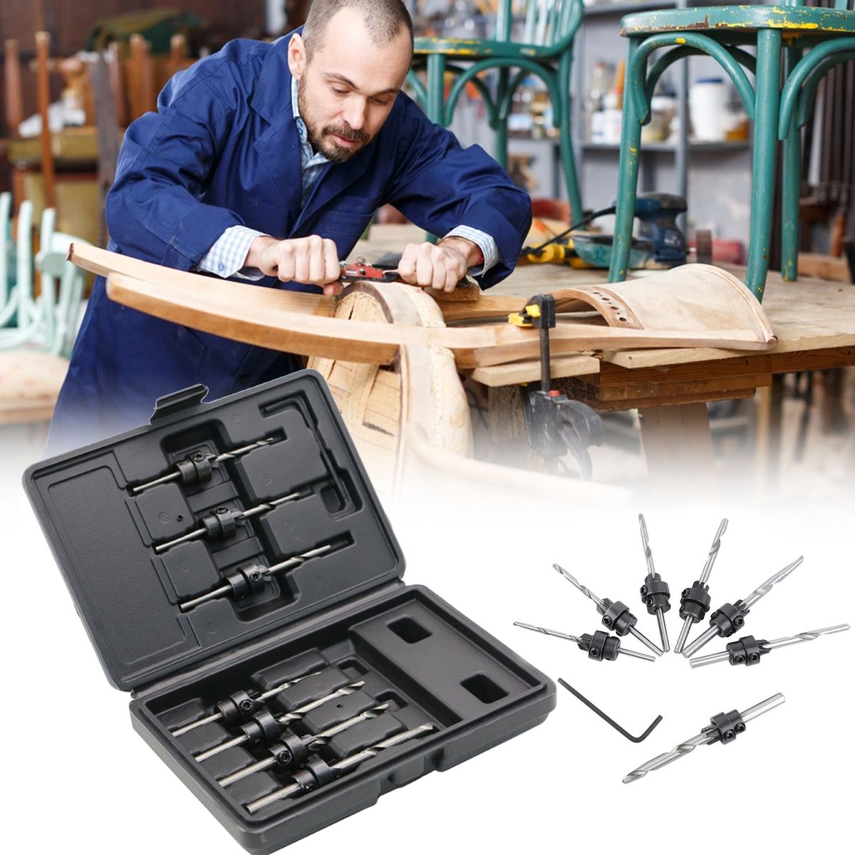 7Pcs Tapered Countersink Drill Bits + Wrench Set Hole Depth