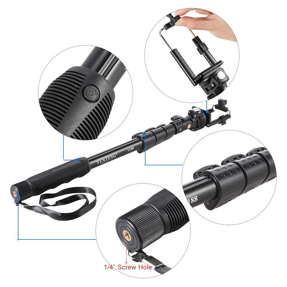 YUNTENG YT-1188 Wired Extendable Selfie Stick Pole Monopod Self-Timer Rod 1/4 Inch Screw 38cm-128cm Adjustable Length with Phone Holder