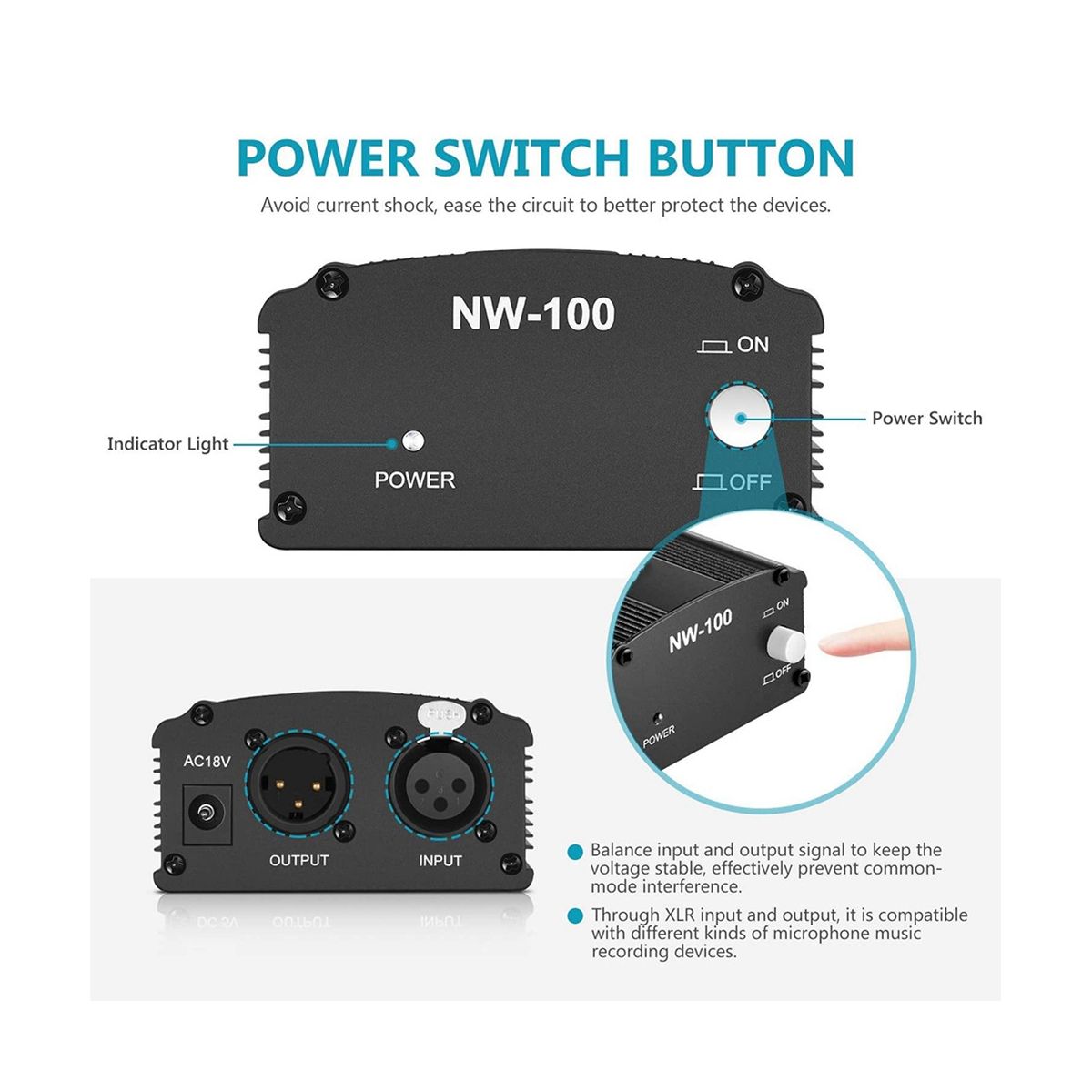 For 48V Phantom Power Bm 800 Microphone Supply with Adapter XLR Audio Cable for Any Music Recording Equipment US Plug