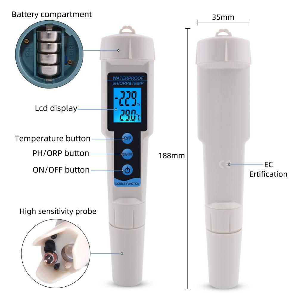 3 In 1 PH ORP TEMP Tester With Backlight Multi-parameter Digital Tri-Meter Water Quality Monitor