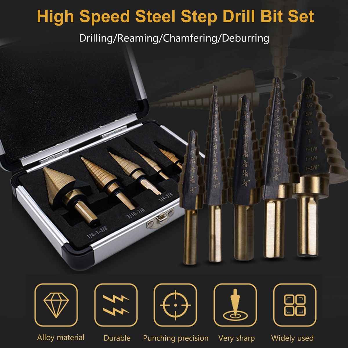 5PCS Step Drill Bit Set Multiple Hole Step Drill High Speed