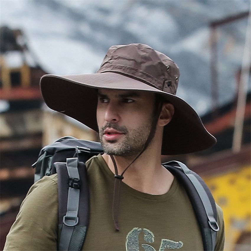 Fashion Summer Fishing Hat Cowboy Men's Outdoor Fishing Hiking Beach Hat Mesh Breathable Anti-UV Sun Hat Large Wide Brim Black Hat