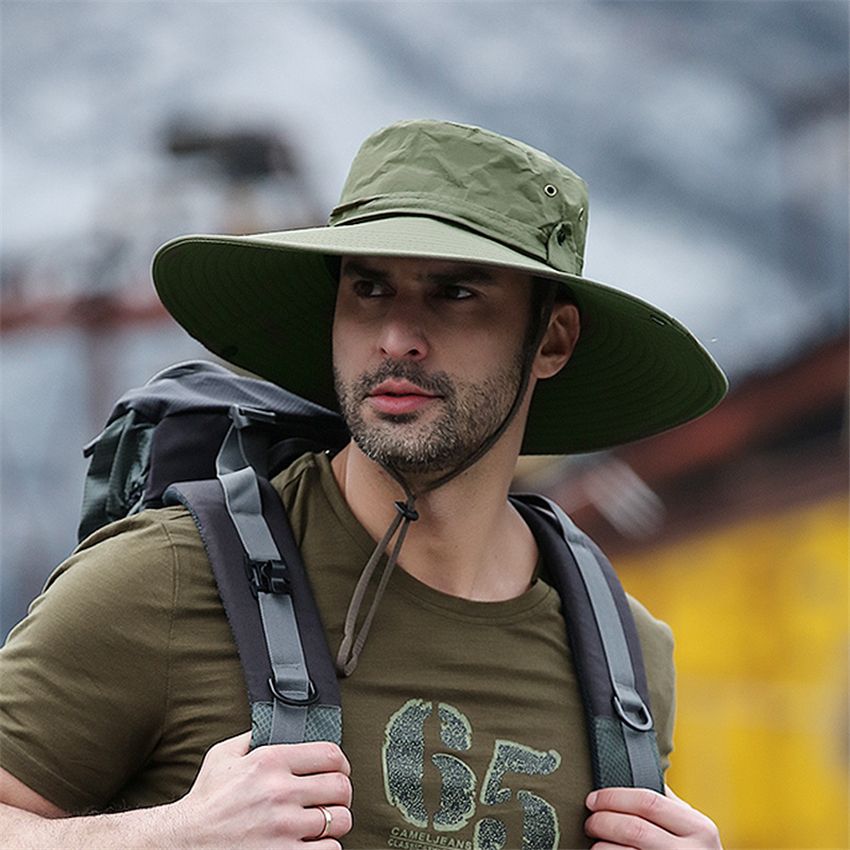 Fashion Summer Fishing Hat Cowboy Men's Outdoor Fishing Hiking Beach Hat Mesh Breathable Anti-UV Sun Hat Large Wide Brim Black Hat