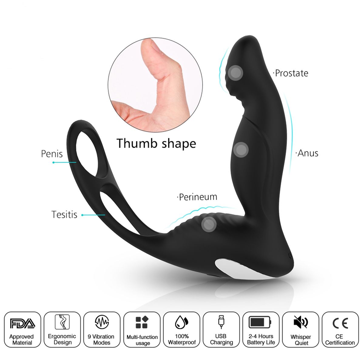 Black Vibrator 9 Vibration Modes Prostate Massage Phallus