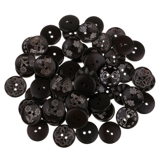 50 Pcs Black 2 Hole Buttons Wood Button Assorted Coffee Pattern Diy