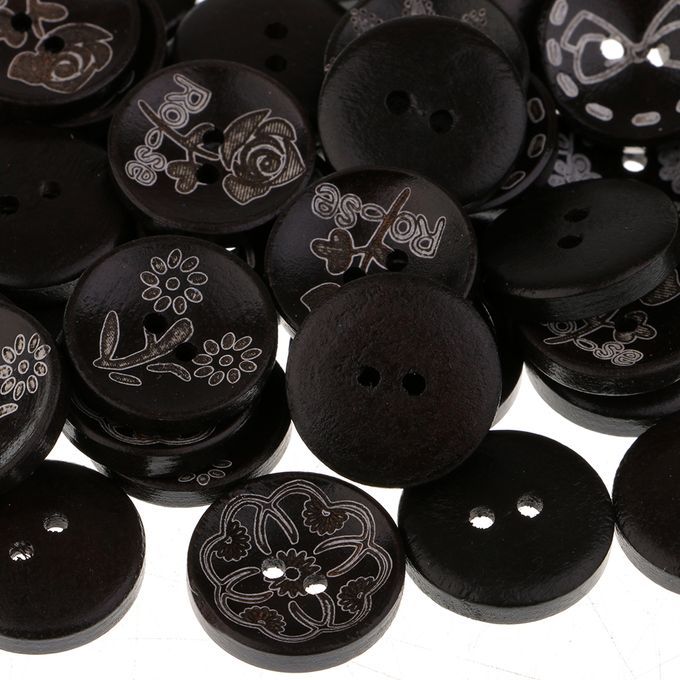50 Pcs Black 2 Hole Buttons Wood Button Assorted Coffee Pattern Diy