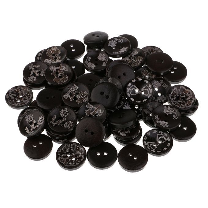 50 Pcs Black 2 Hole Buttons Wood Button Assorted Coffee Pattern Diy