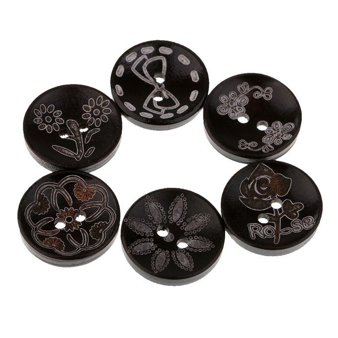 50 Pcs Black 2 Hole Buttons Wood Button Assorted Coffee Pattern Diy